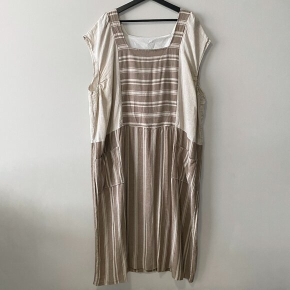 Hand Crafted Dresses & Skirts - Handmade Plus Size Cotton Linen Patch Pockets Neutrals Brown Stripes Dress